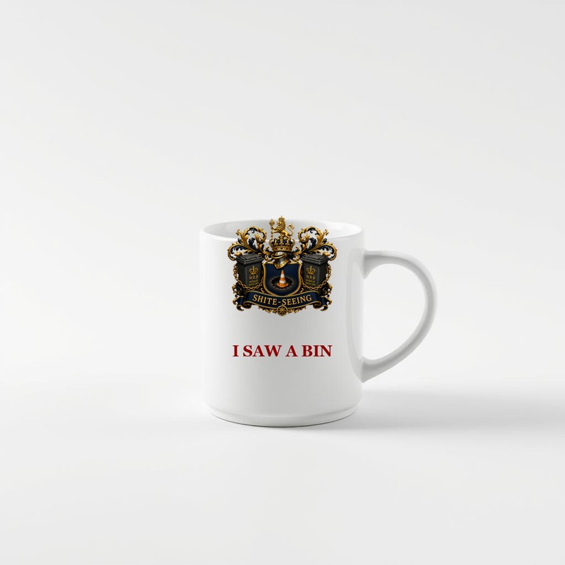 I Saw a Bin Mug — white ceramic mug with Shiteseeing logo