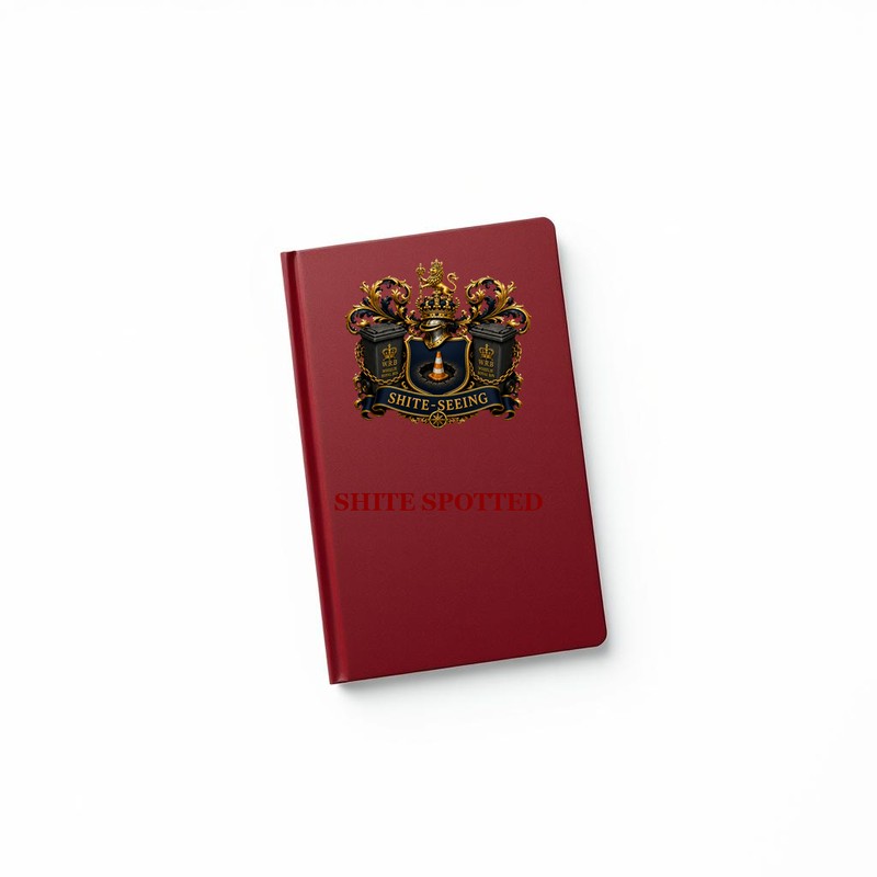 Shite Spotted Notebook — dark red hardcover notebook with Shiteseeing logo